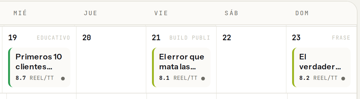 Una semana del calendario con tres guiones fechados y sus scores