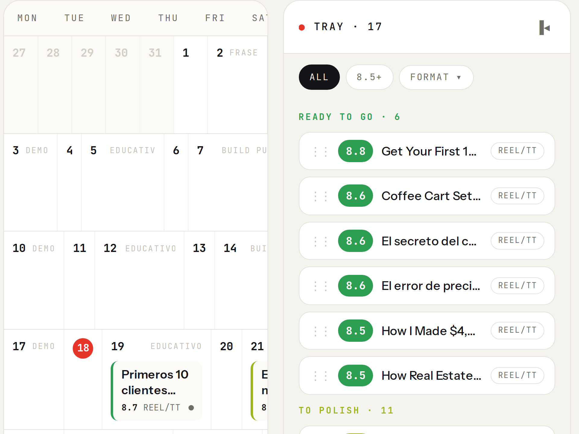 The content calendar with dated scripts and their scores