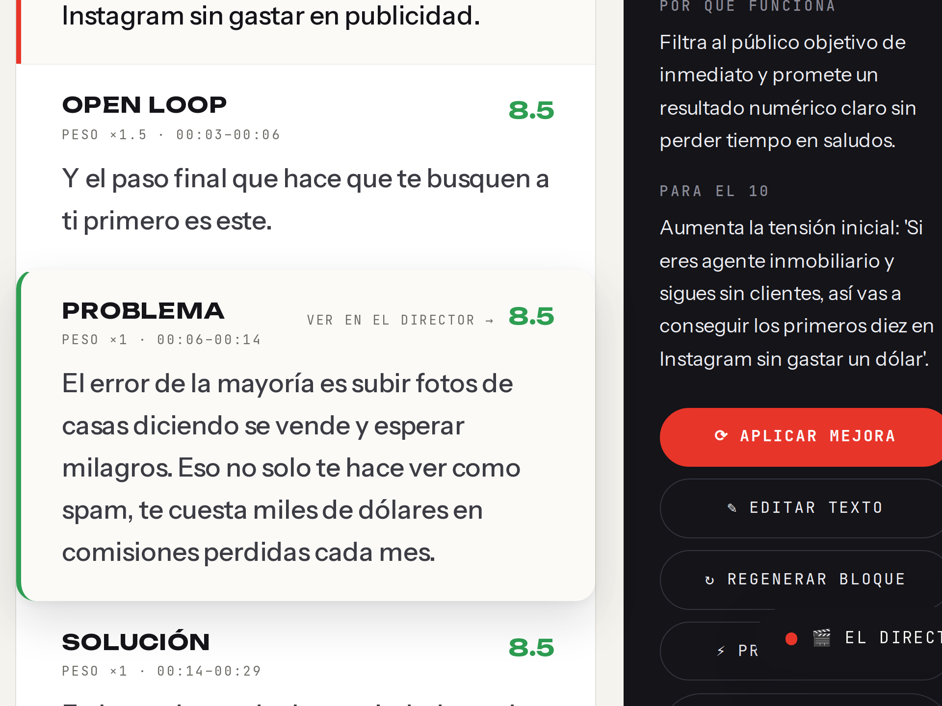 Los bloques del guion en la sala de edición, cada uno con su score y su timecode