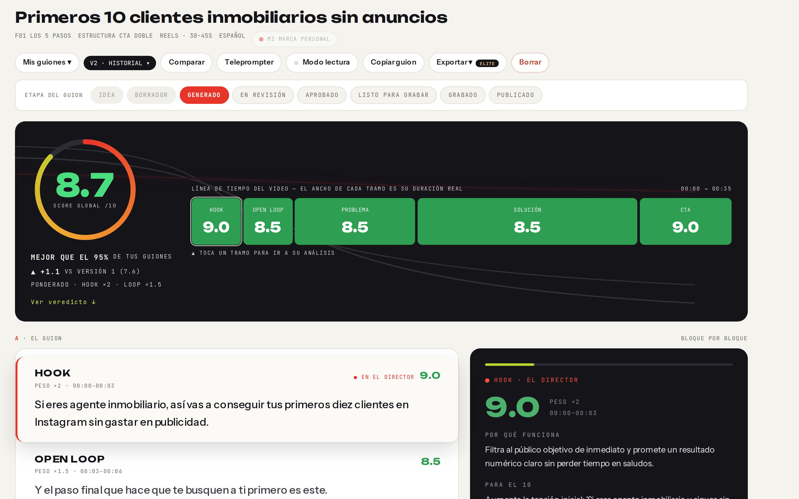 La sala del guion completa: título, etapas, anillo de score 8.7 y línea de tiempo con los cinco tramos