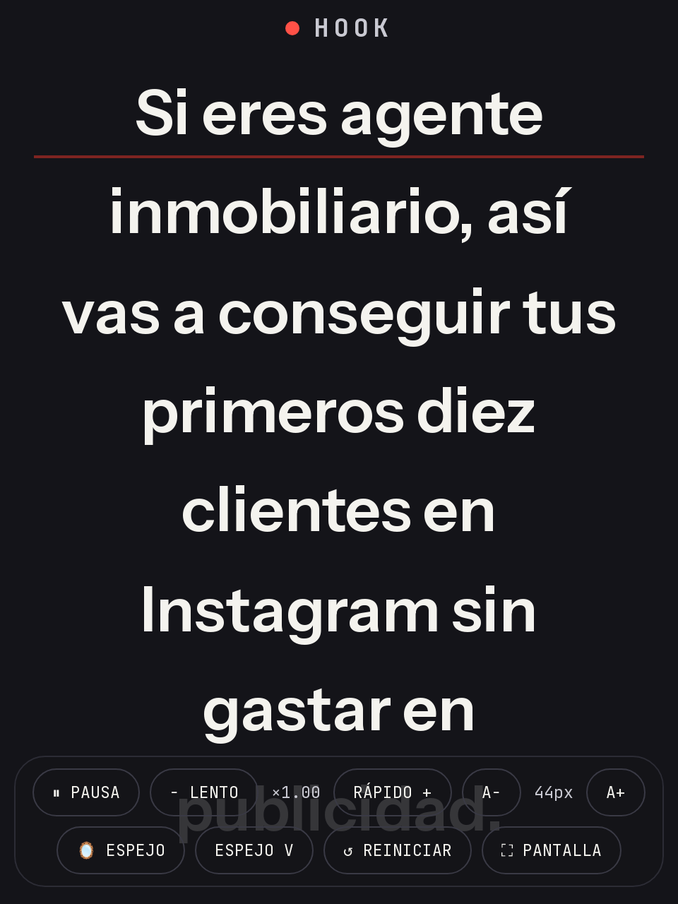 El teleprompter en marcha: texto grande rodando con sus controles