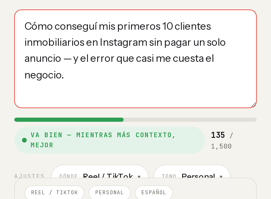 El paso de la idea en el wizard: cuéntala como a un amigo y mira el medidor de contexto
